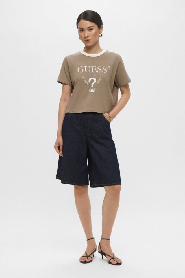 Guess Filanta Logo Nakışlı Pamuklu Boxy Fit Bisiklet Yaka Bayan Crop