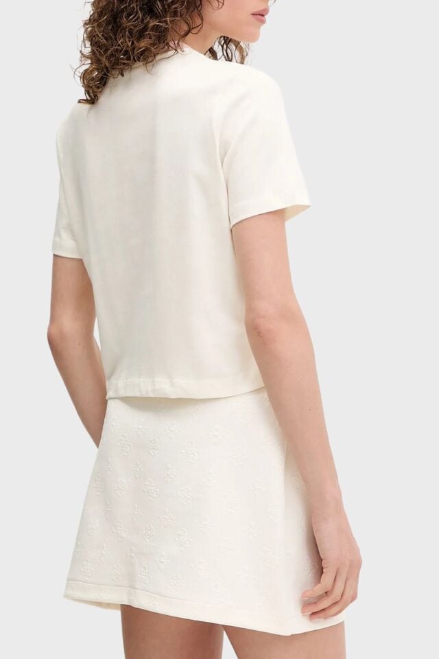 Guess Filanta Logo Nakışlı Pamuklu Boxy Fit Bisiklet Yaka Bayan Crop