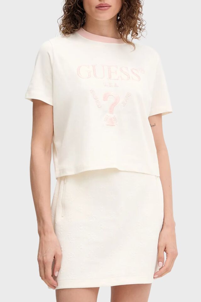 Guess Filanta Logo Nakışlı Pamuklu Boxy Fit Bisiklet Yaka Bayan Crop