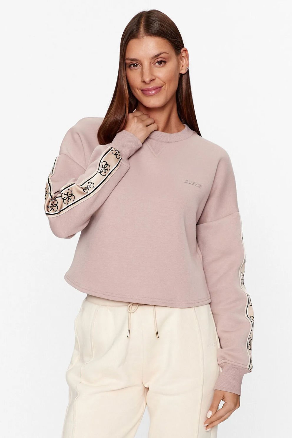 Guess Şerit Logolu Sweatshirt Bej