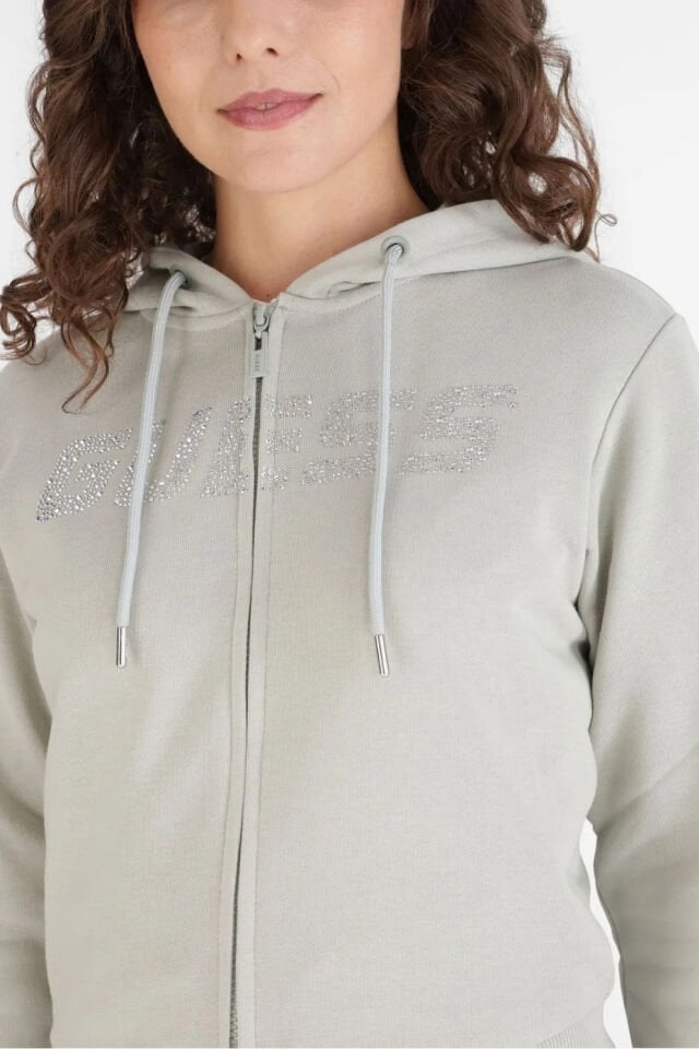 Guess Logolu Yapay Elmaslı Kapüşonlu Sweatshirt Gri