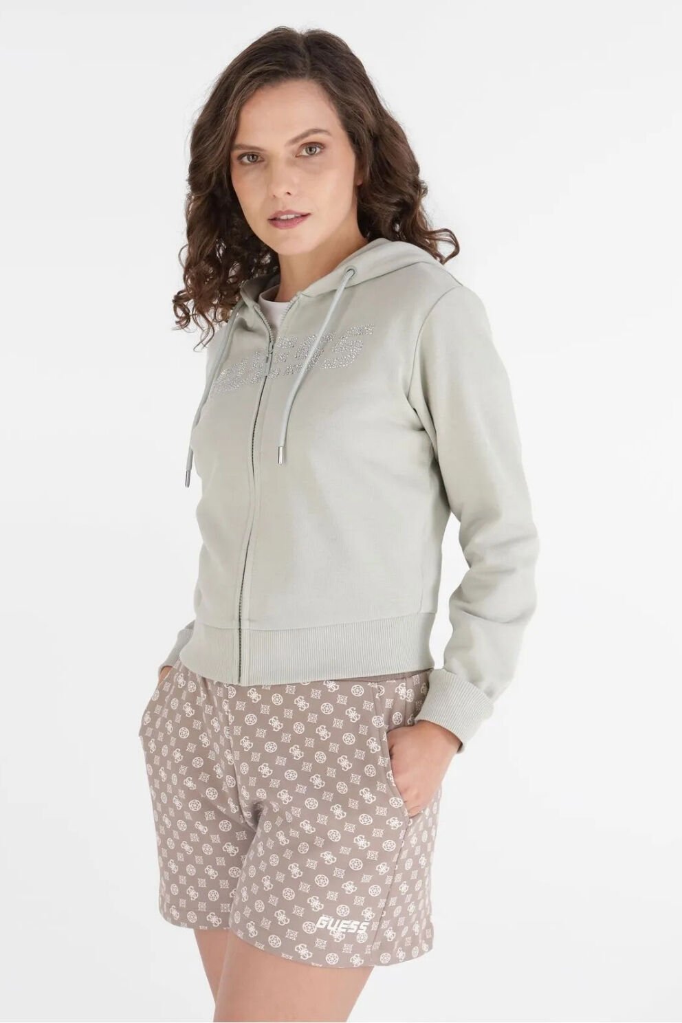 Guess Logolu Yapay Elmaslı Kapüşonlu Sweatshirt Gri