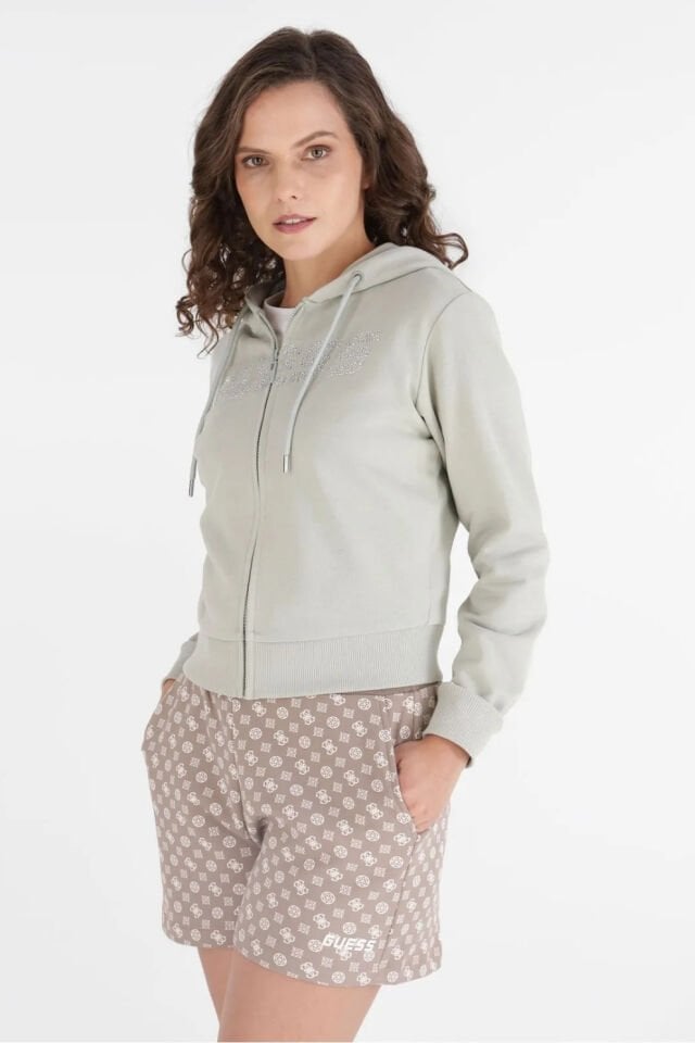 Guess Logolu Yapay Elmaslı Kapüşonlu Sweatshirt Gri