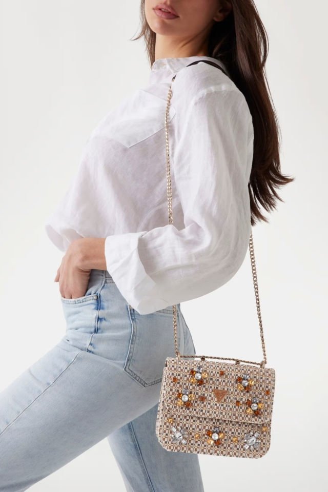 Guess Beauvoir Mücevher Detaylı Mini Çapraz Çanta Bej