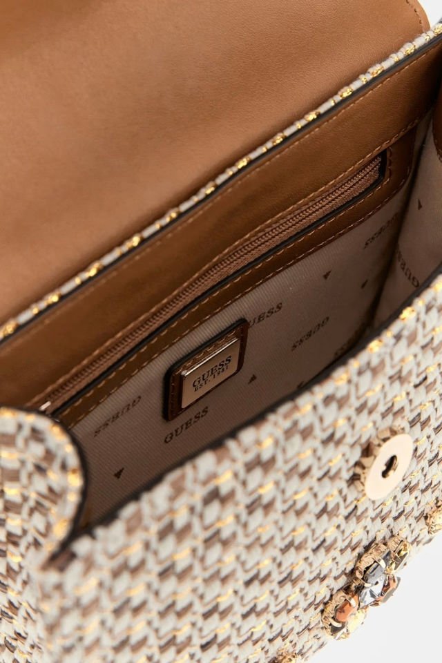 Guess Beauvoir Mücevher Detaylı Mini Çapraz Çanta Bej