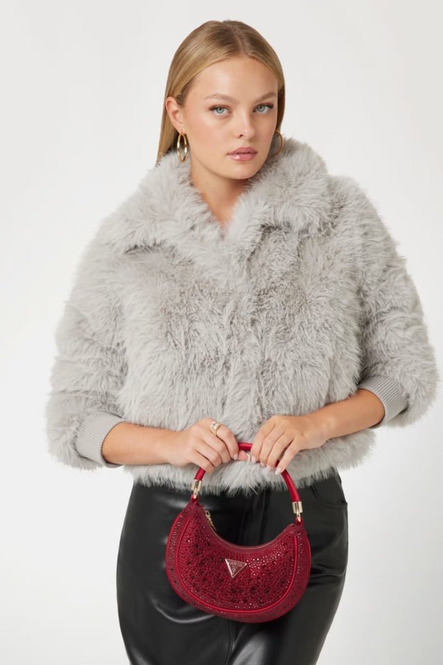 Guess Zalina Taşlı Mini Omuz Çantası Kırmızı