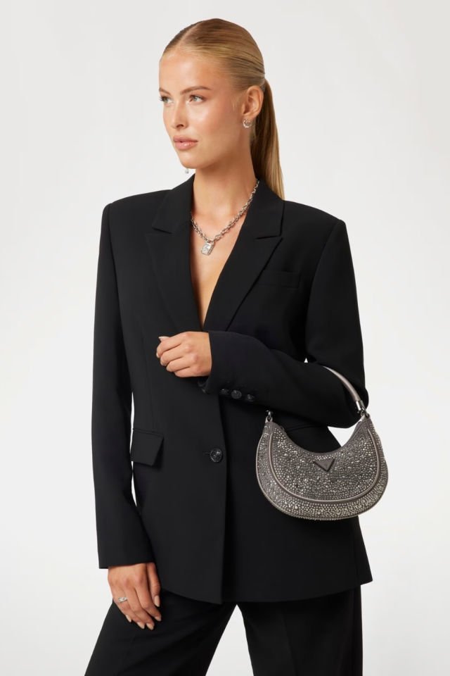 Guess Zalina Taşlı Mini Omuz Çantası Gümüş