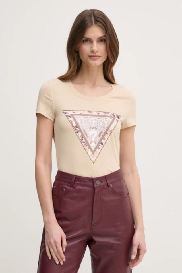 Guess Animalier Üçgen Logolu T-shirt Bej