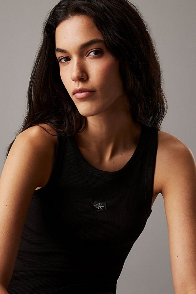 Calvin Klein Kadın Woven Label Rib Tank Top Siyah
