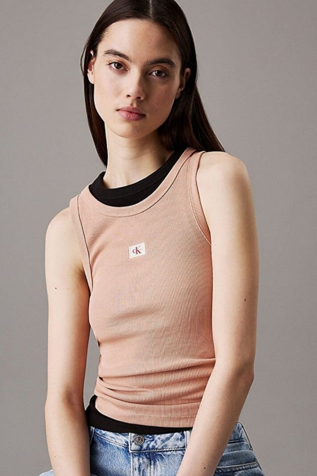 Calvin Klein Kadın Woven Label Rib Tank Top Pembe