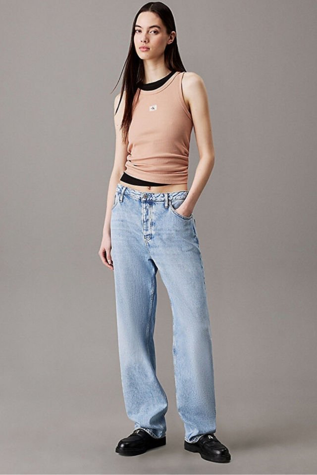 Calvin Klein Kadın Woven Label Rib Tank Top Pembe