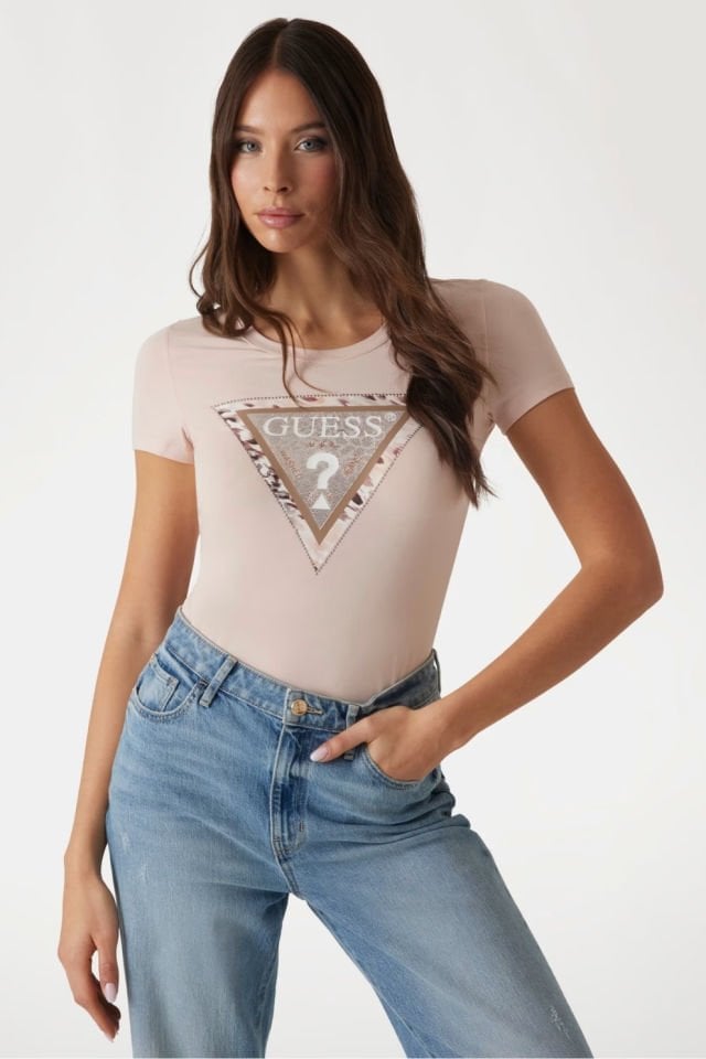 Guess Animalier Üçgen Logolu T-shirt Pembe