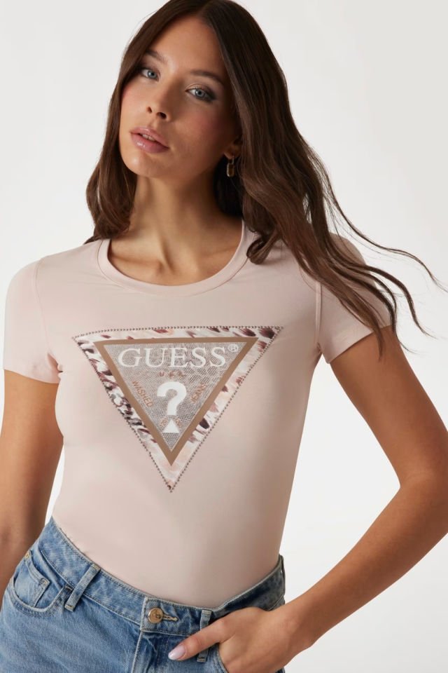 Guess Animalier Üçgen Logolu T-shirt Pembe