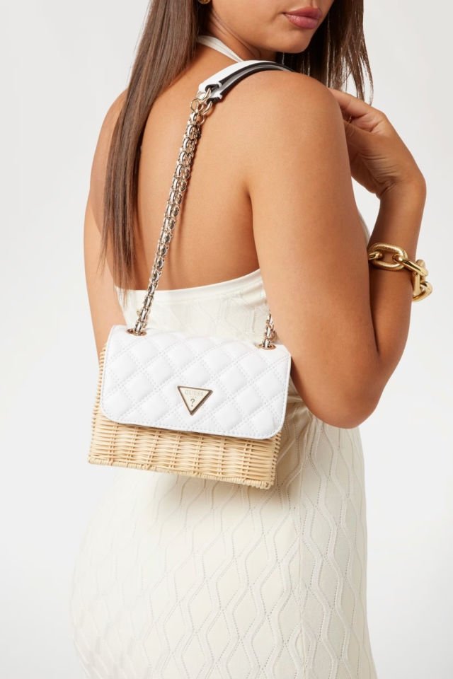 Guess Giully Hasır Mini Çapraz Çanta Beyaz