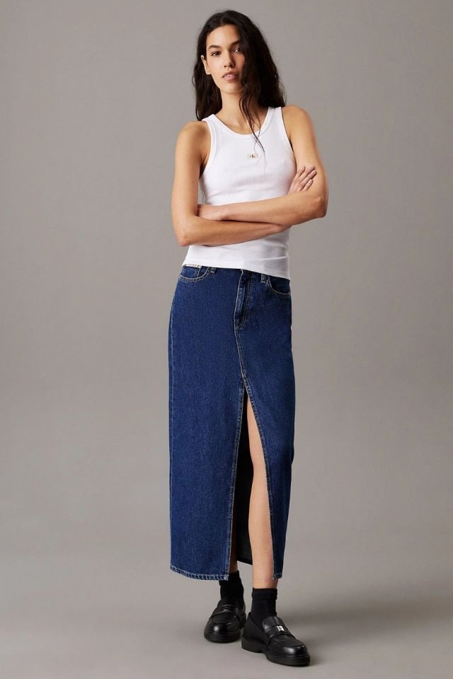 Calvin Klein Kadın Woven Label Rib Tank Top Beyaz