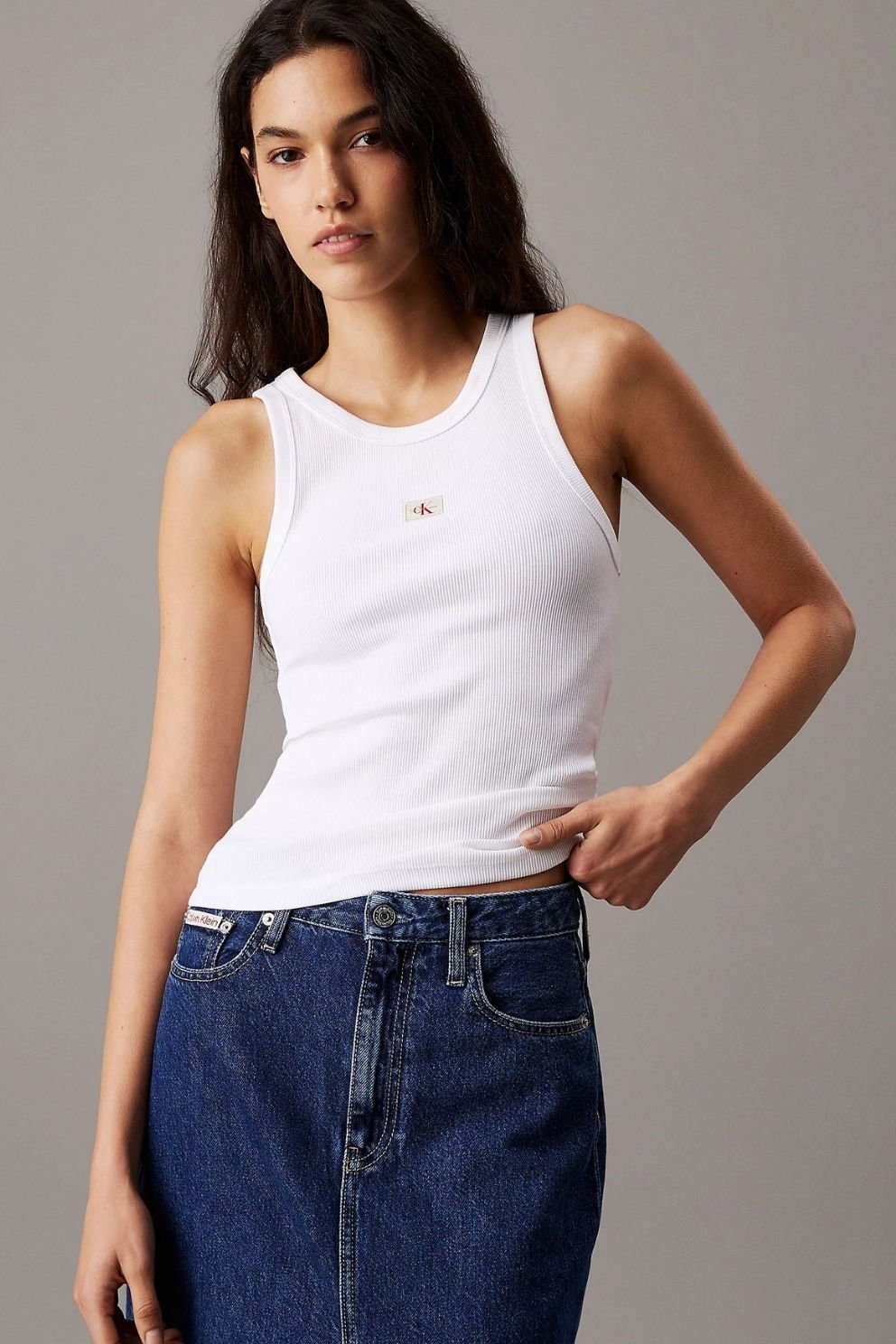 Calvin Klein Kadın Woven Label Rib Tank Top Beyaz