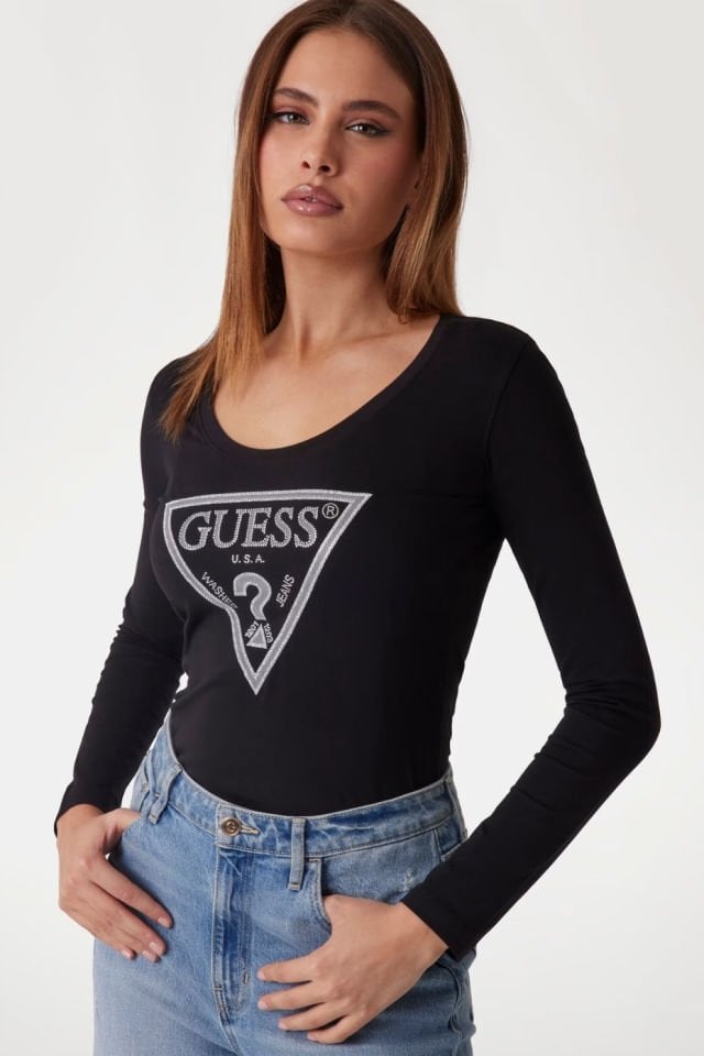 Guess Yapay Elmas Üçgen Logolu Tişört Siyah