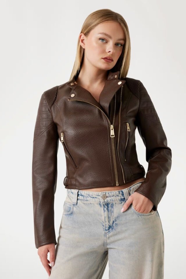 Guess Suni Deri Biker Ceket Kahverengi