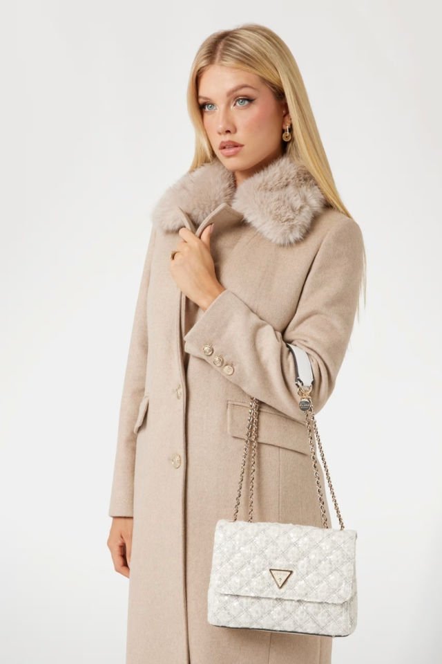 Guess Giully Payetli Çapraz Çanta Beyaz