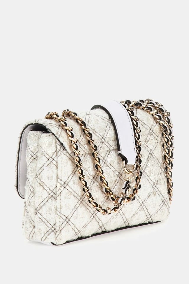 Guess Giully Payetli Mini Çapraz Çanta Beyaz