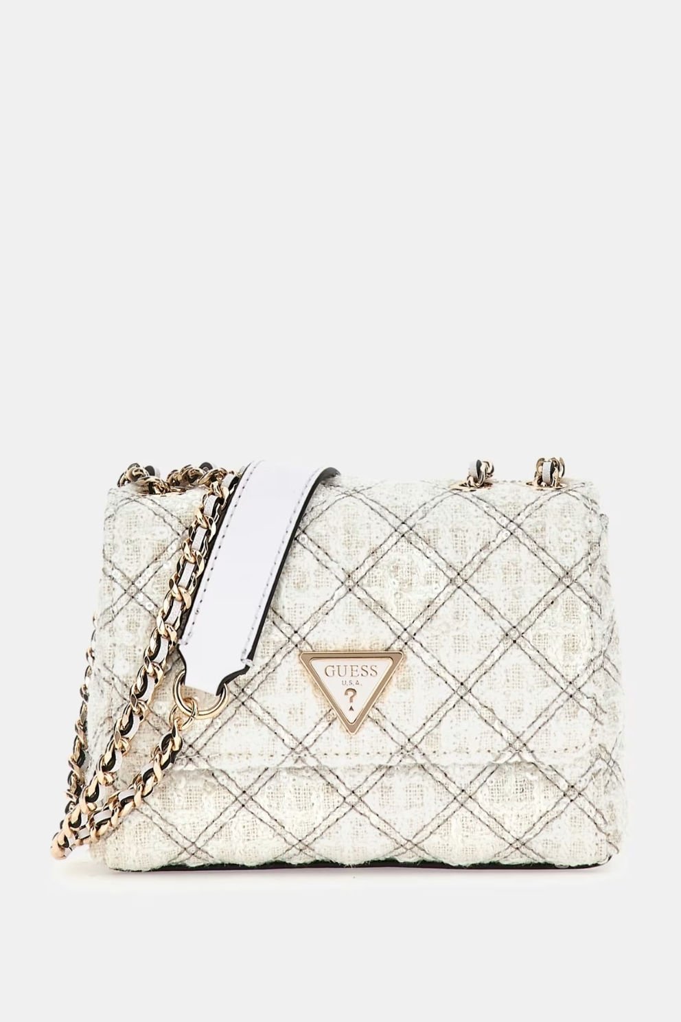 Guess Giully Payetli Mini Çapraz Çanta Beyaz