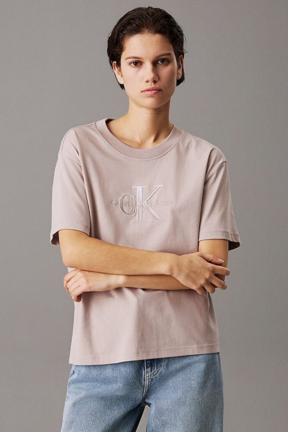 Calvin Klein Kadın Embroidery Monologo T-shirt Bej