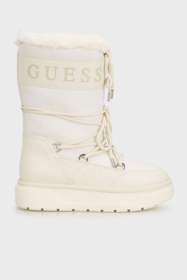 Guess Logolu Bağcıklı Yumuşak Tüylü Kar Botu Beyaz