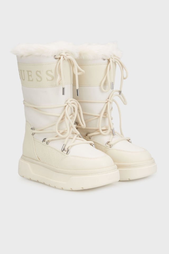 Guess Logolu Bağcıklı Yumuşak Tüylü Kar Botu Beyaz