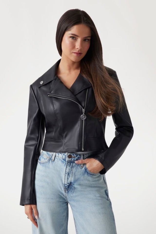 Guess Suni Deri Biker Ceket Siyah