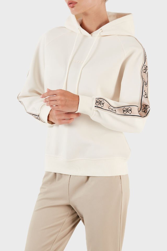 Guess Logo Şeritli Pamuklu Kapüşonlu Regular Fit Bayan Sweatshirt Ekru