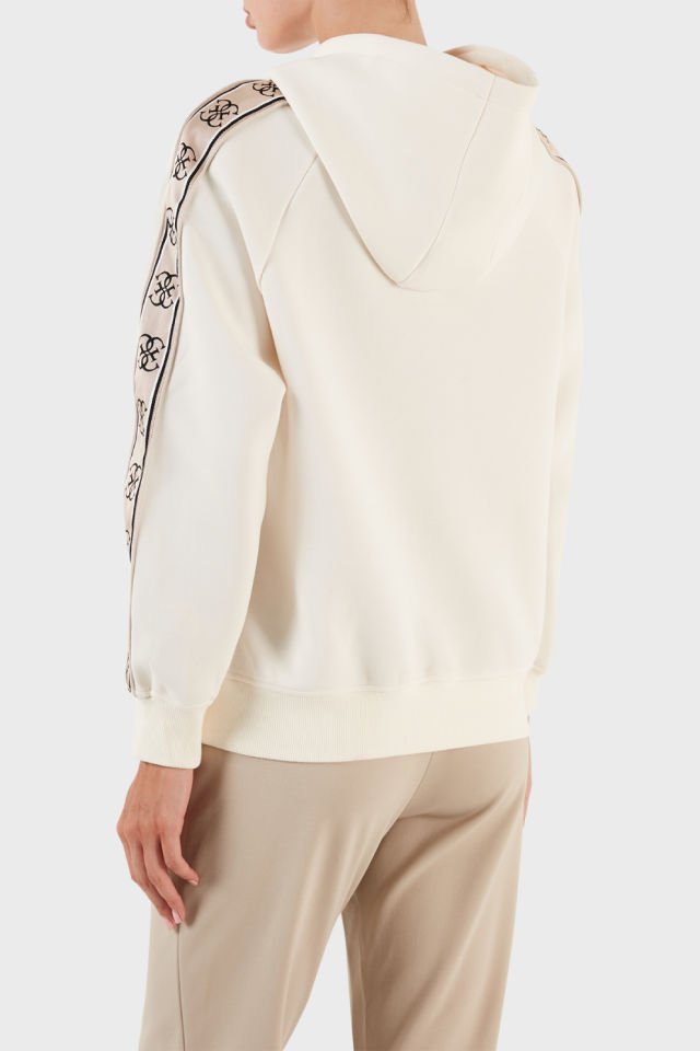 Guess Logo Şeritli Pamuklu Kapüşonlu Regular Fit Bayan Sweatshirt Ekru
