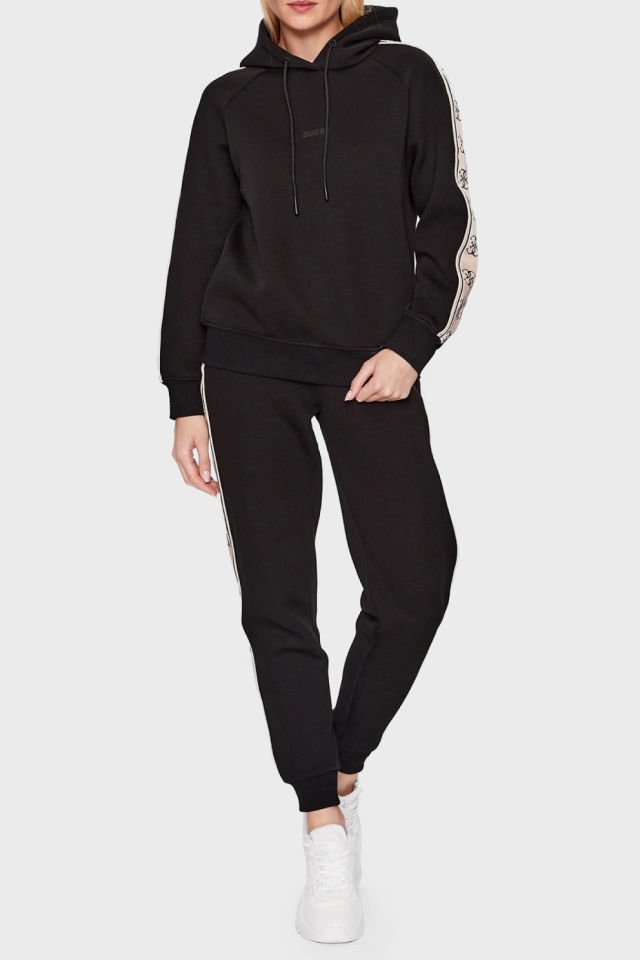 Guess Logo Şeritli Pamuklu Kapüşonlu Regular Fit Bayan Sweatshirt Siyah