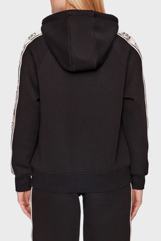 Guess Logo Şeritli Pamuklu Kapüşonlu Regular Fit Bayan Sweatshirt Siyah