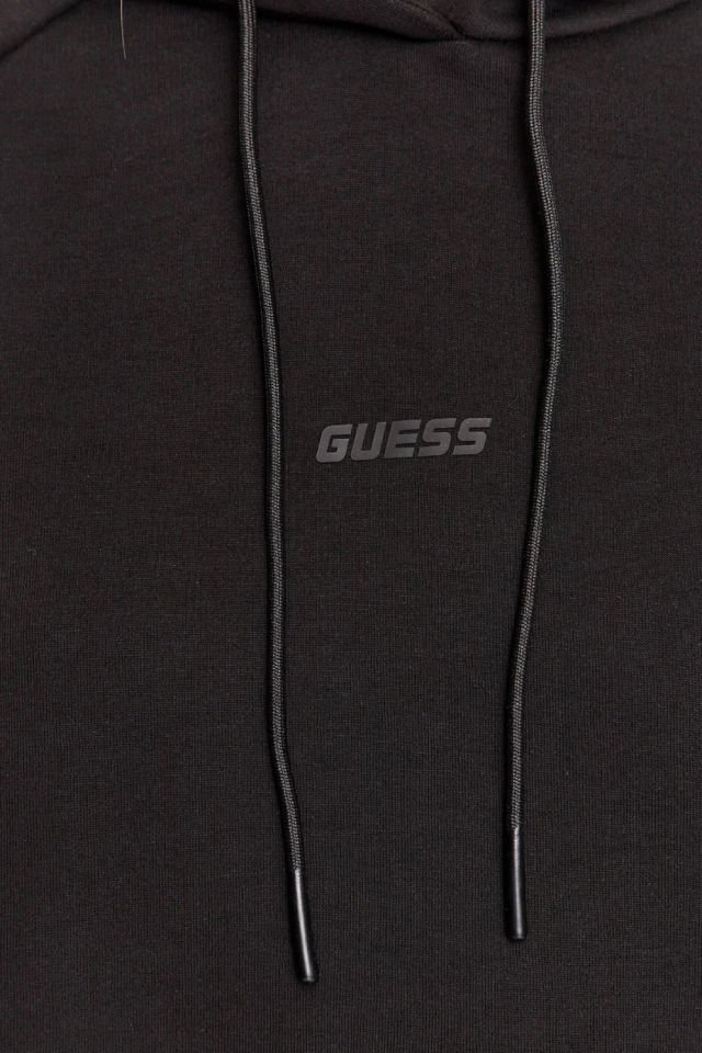 Guess Logo Şeritli Pamuklu Kapüşonlu Regular Fit Bayan Sweatshirt Siyah