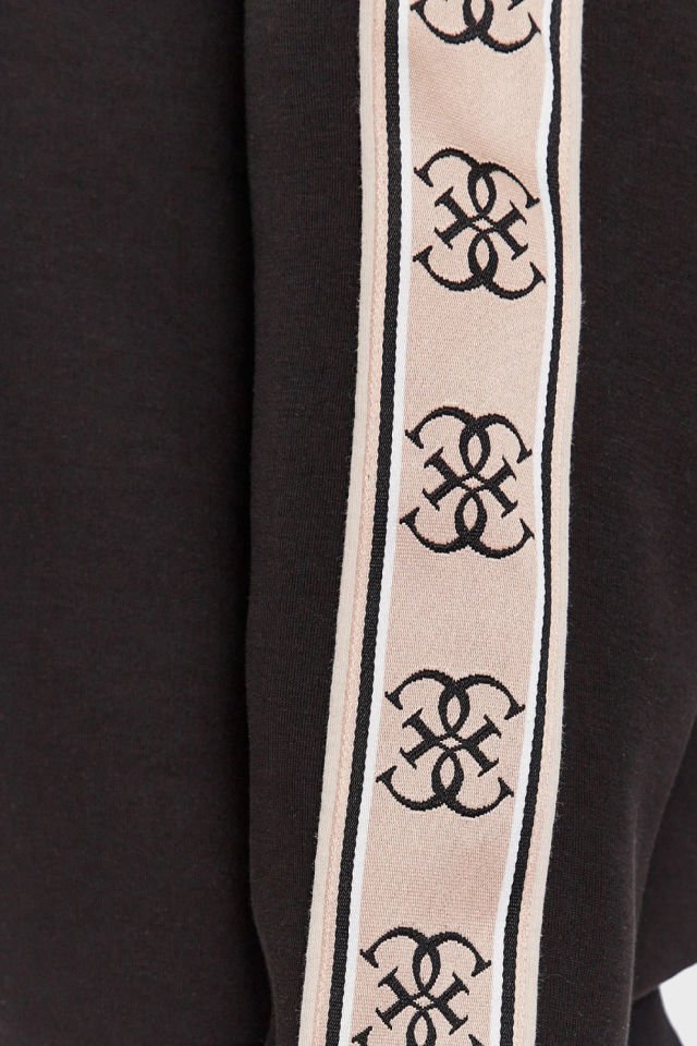 Guess Logo Şeritli Pamuklu Kapüşonlu Regular Fit Bayan Sweatshirt Siyah