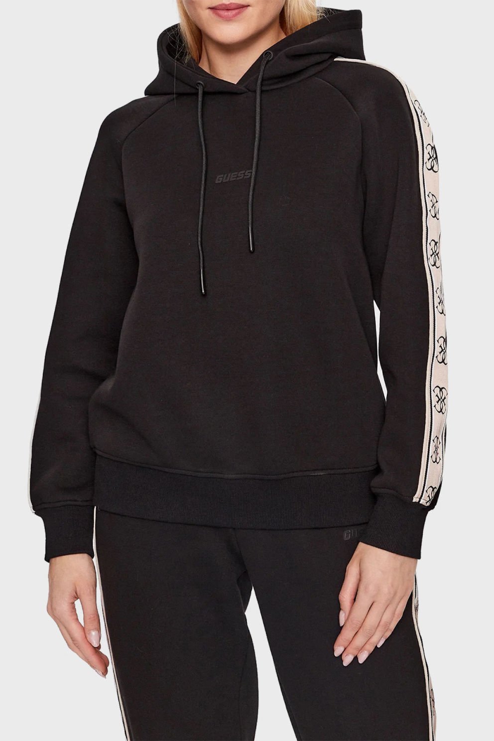 Guess Logo Şeritli Pamuklu Kapüşonlu Regular Fit Bayan Sweatshirt Siyah