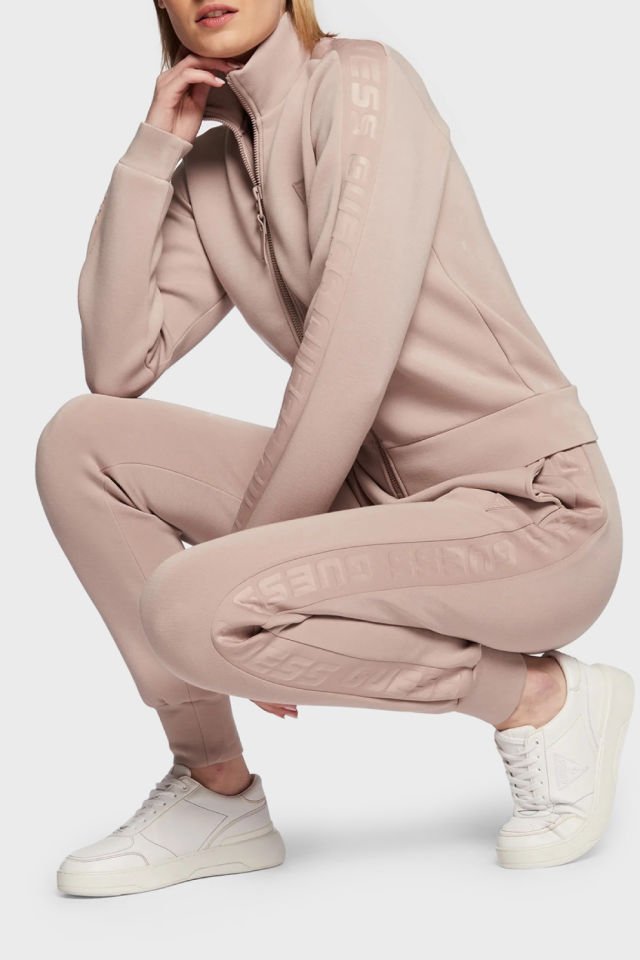 Guess Logo Şeritli Regular Fit Fermuarlı Dik Yaka Bayan Sweat Vizon