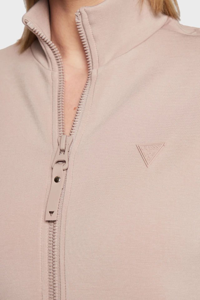 Guess Logo Şeritli Regular Fit Fermuarlı Dik Yaka Bayan Sweat Vizon