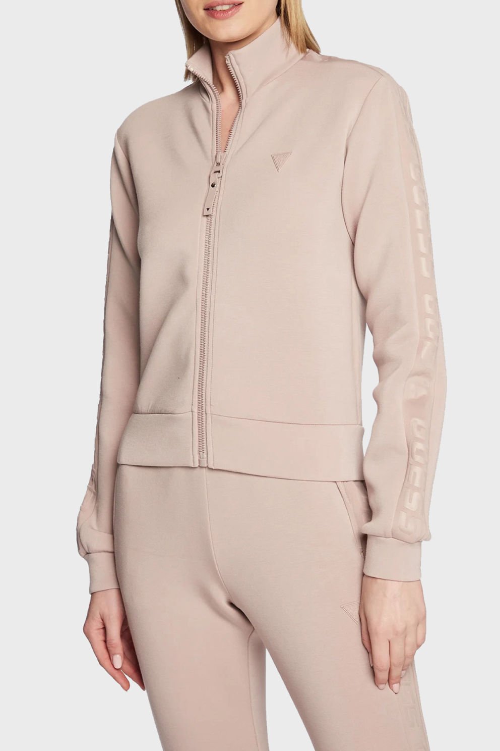 Guess Logo Şeritli Regular Fit Fermuarlı Dik Yaka Bayan Sweat Vizon