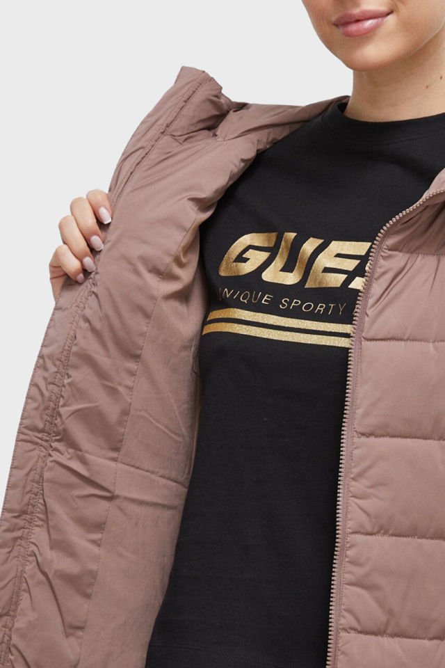 Guess Regular Fit Kapüşonlu Uzun Şişme Bayan Mont Kahverengi