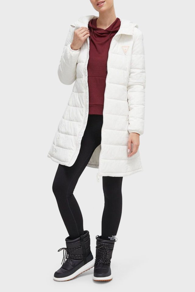Guess Regular Fit Kapüşonlu Uzun Şişme Bayan Mont Beyaz