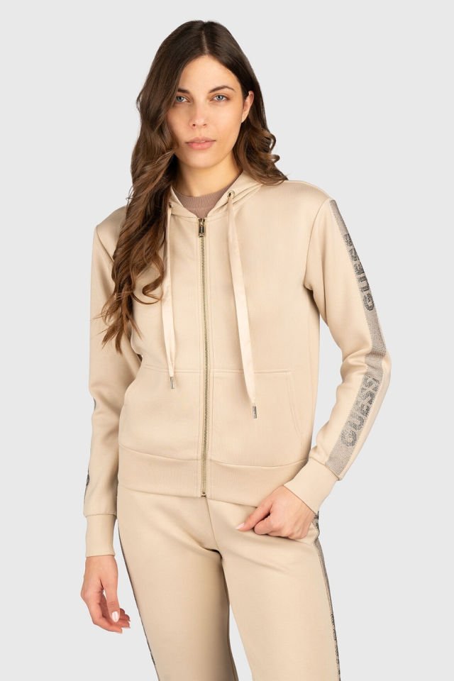 Guess Kapşonlu ve Logolu Yapay lmaslı Sweatshirt Bej