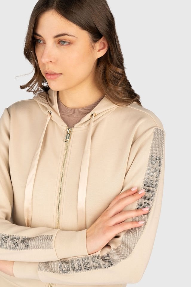 Guess Kapşonlu ve Logolu Yapay lmaslı Sweatshirt Bej