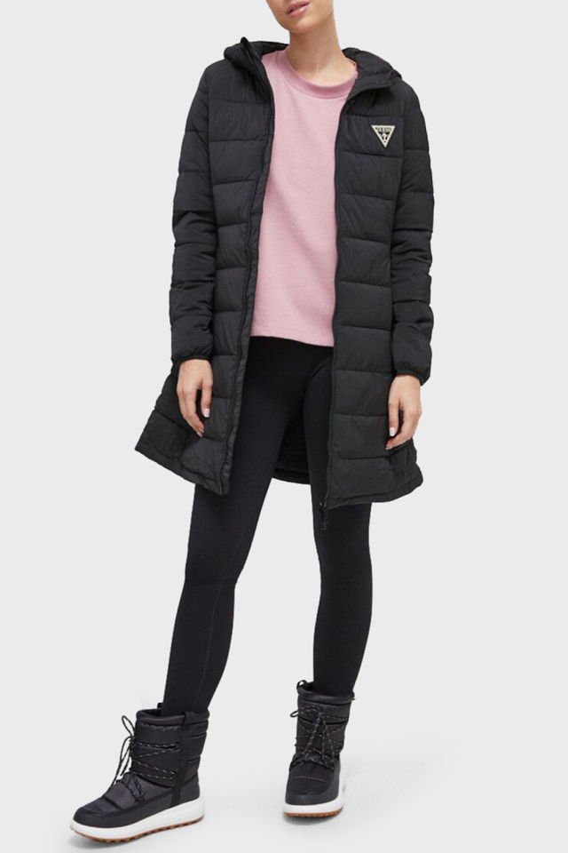 Guess Regular Fit Kapüşonlu Uzun Şişme Bayan Mont Siyah