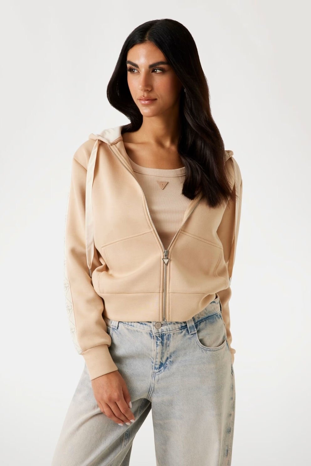 Guess Tam Fermuarlı Scuba Kumaş Kapüşonlu Sweatshirt Karamel