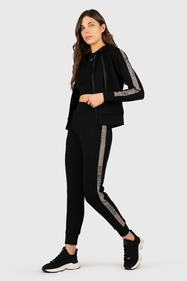 Guess Kapşonlu ve Logolu Yapay Elmaslı Sweatshirt Siyah