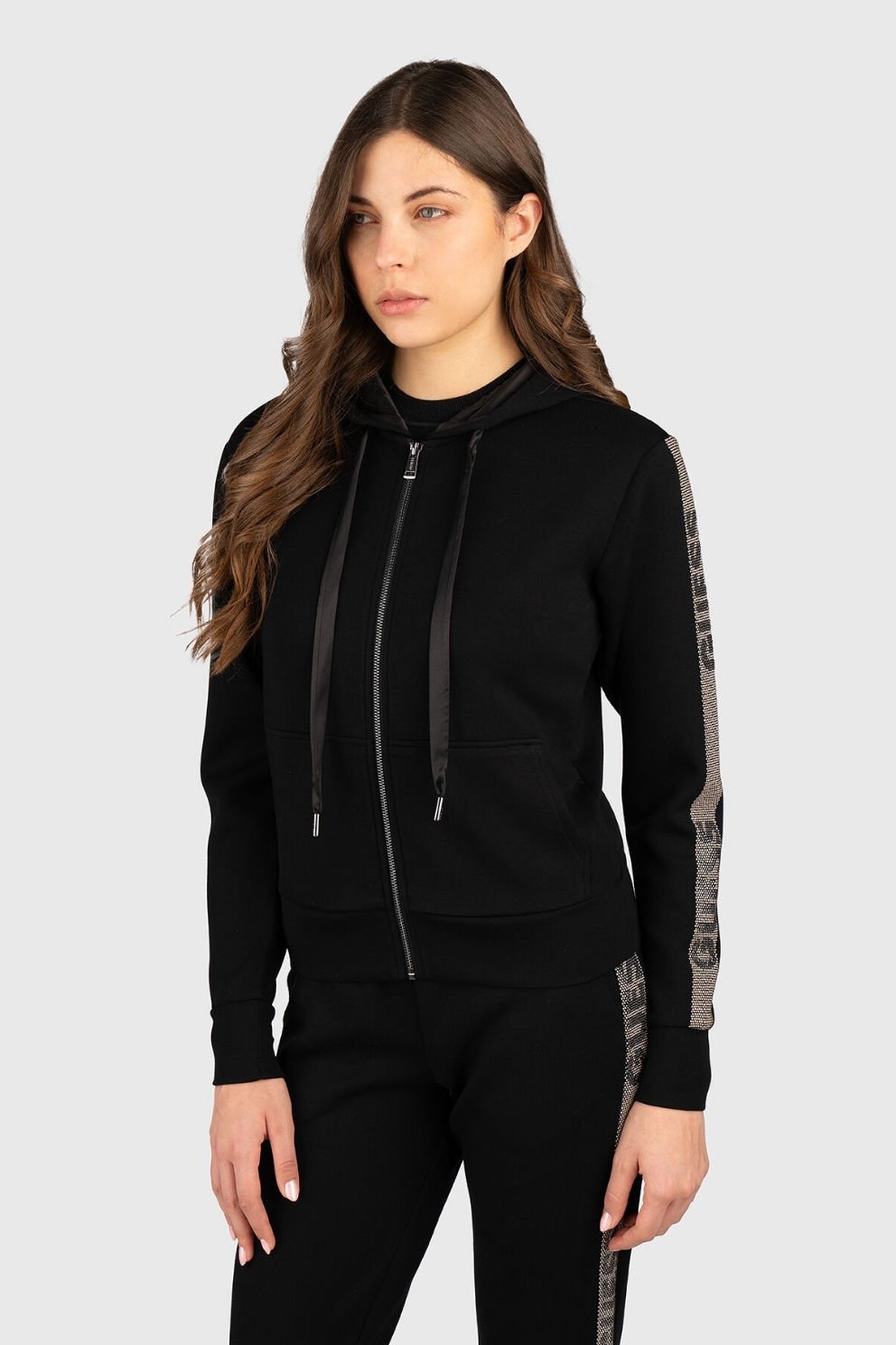 Guess Kapşonlu ve Logolu Yapay Elmaslı Sweatshirt Siyah