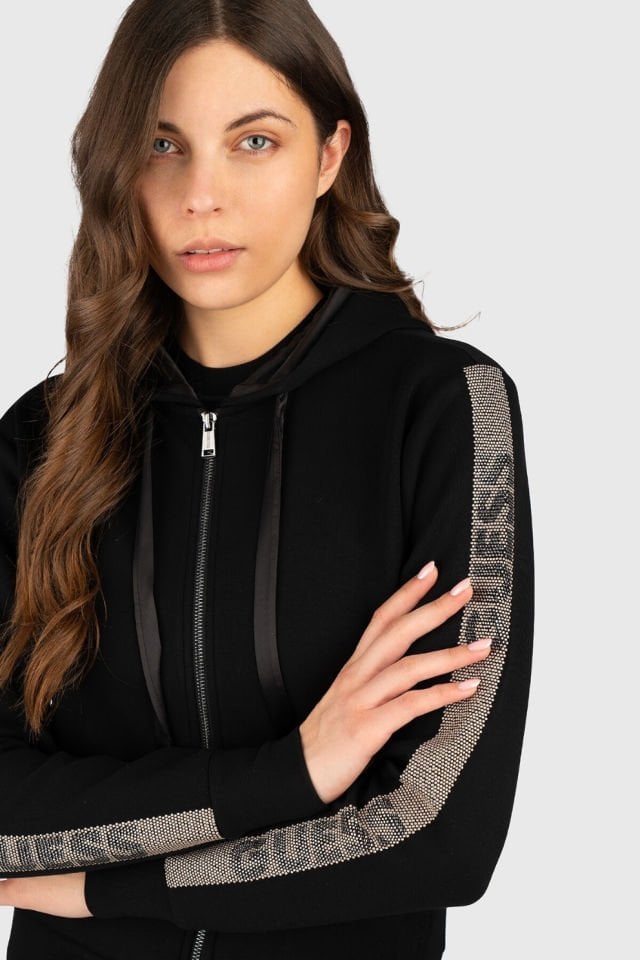 Guess Kapşonlu ve Logolu Yapay Elmaslı Sweatshirt Siyah