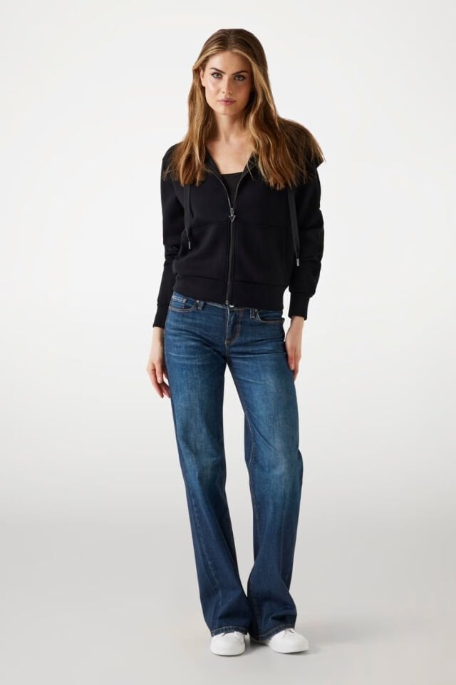 Guess Tam Fermuarlı Scuba Kumaş Kapüşonlu Sweatshirt Siyah