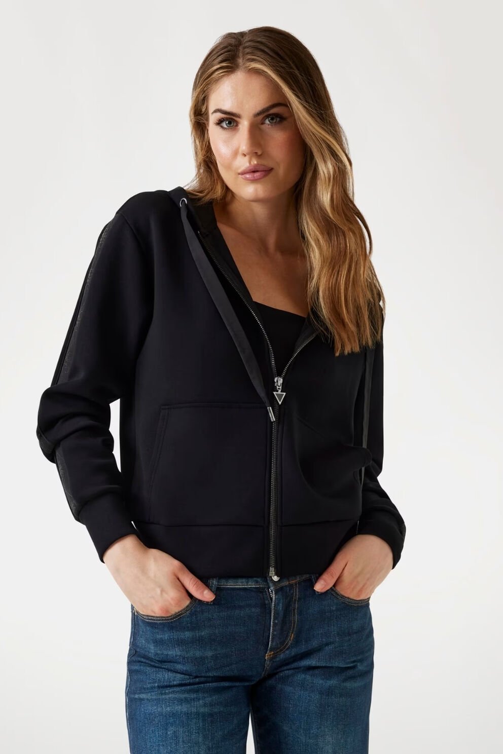 Guess Tam Fermuarlı Scuba Kumaş Kapüşonlu Sweatshirt Siyah